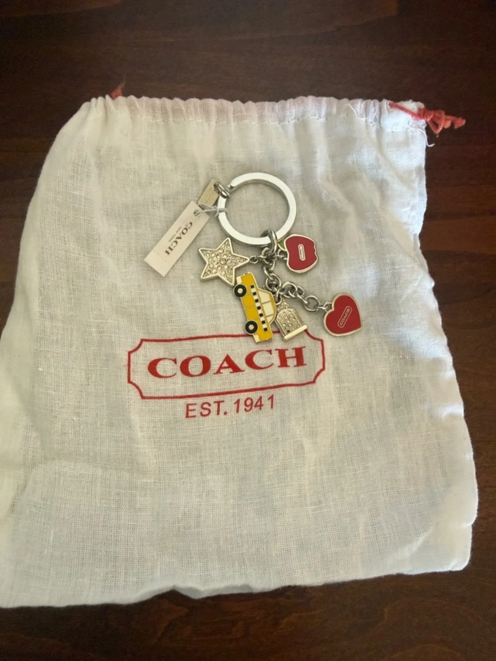 Coach Silver Keyring with Red Heart Charms and yellow taxi, Chrysler Building